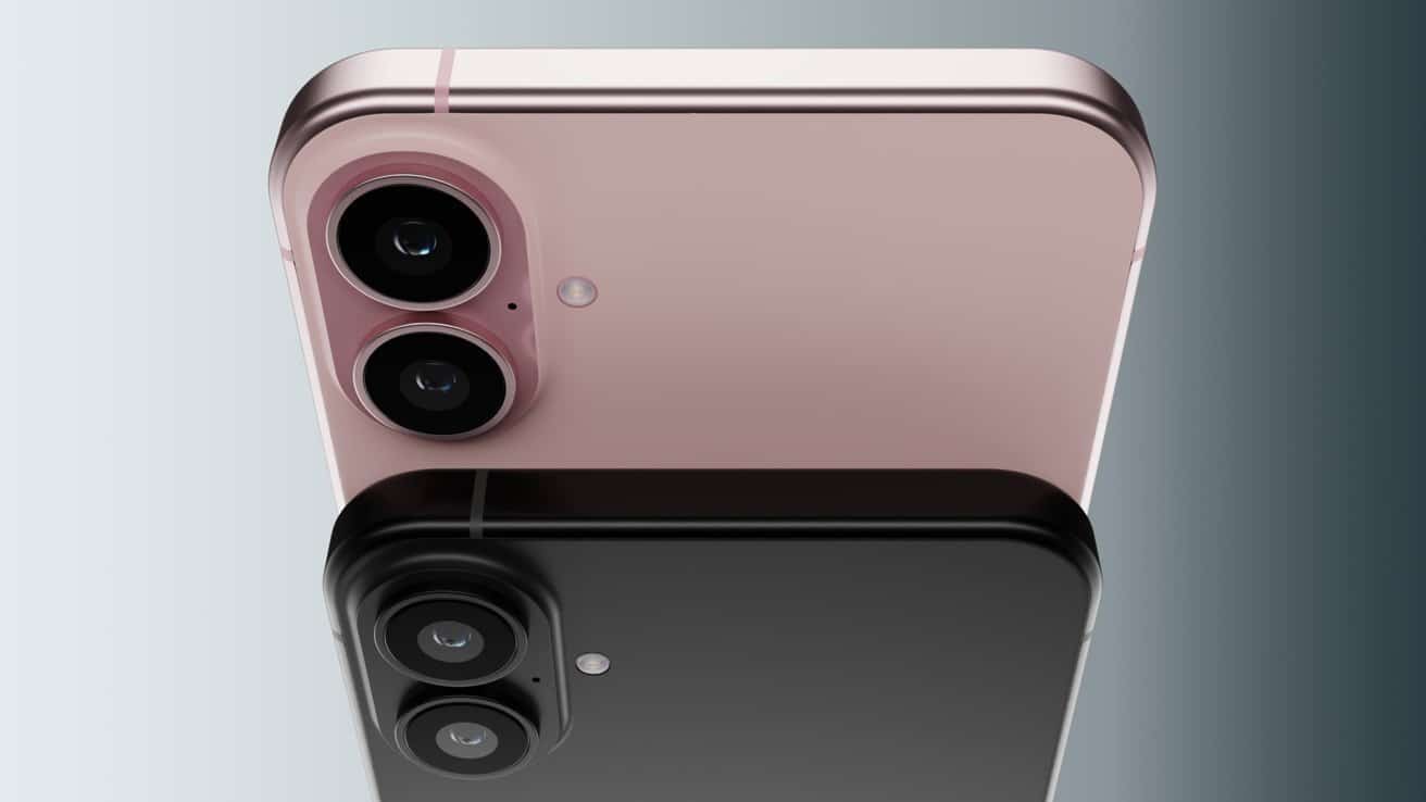 Pink and black smartphones with dual rear cameras and a flash on a gradient background.