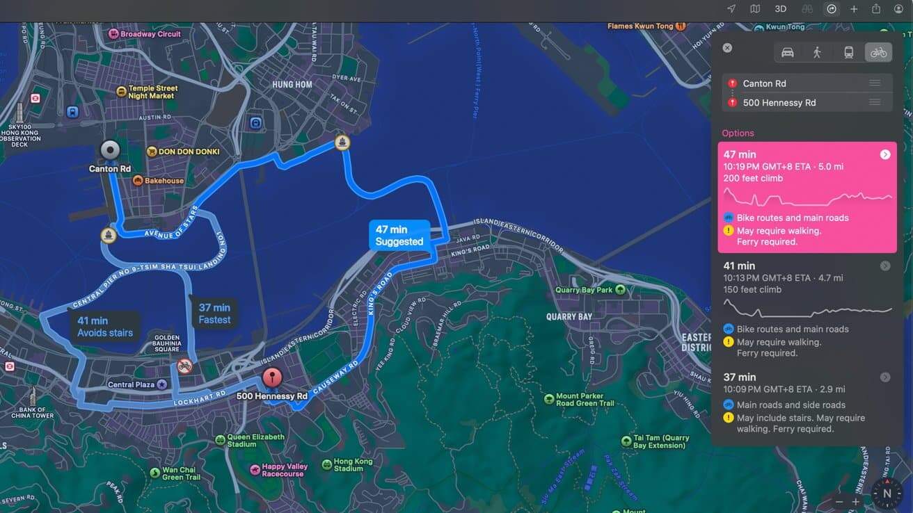 Map showing three cycling routes from Canton Road to 500 Hennessy Road with estimated times: 47 minutes (suggested), 41 minutes, 37 minutes. Includes ferry requirement notifications.