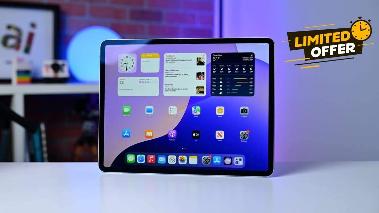 iPad Air displaying apps and widgets on a lavender screen, set in a modern room with a 'Limited Offer' sign featuring a clock icon.