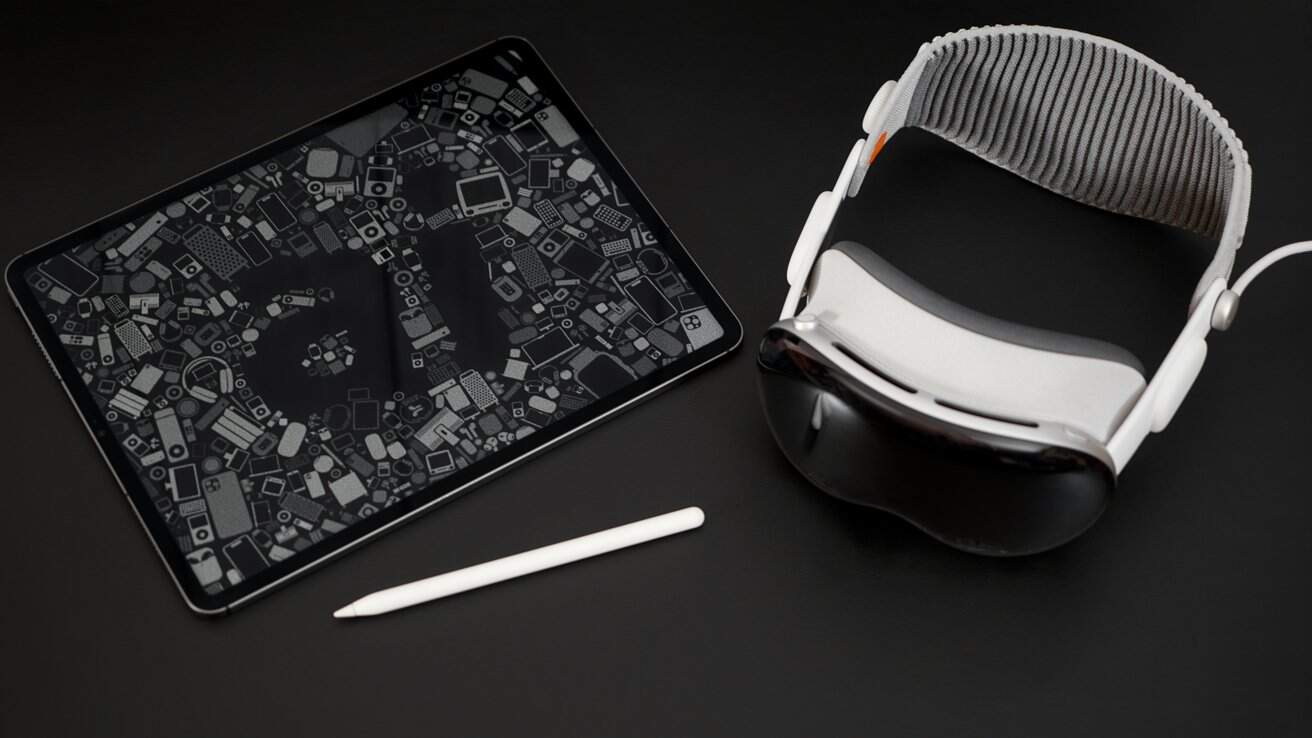 Tablet with patterned screen, virtual reality headset, and white stylus on a black surface.