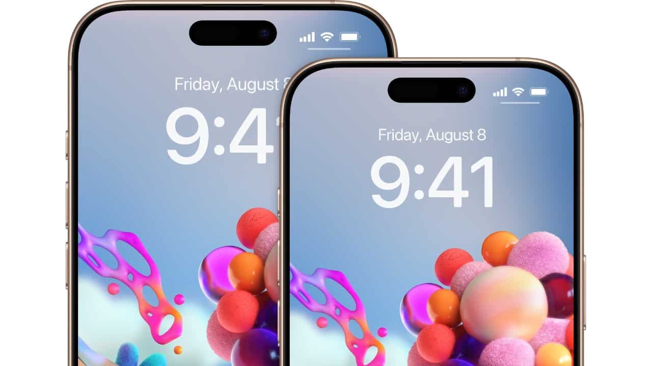 Two smartphones displaying colorful abstract wallpapers with vibrant bubbles and shapes, showing the time 9:41 and date August 8.
