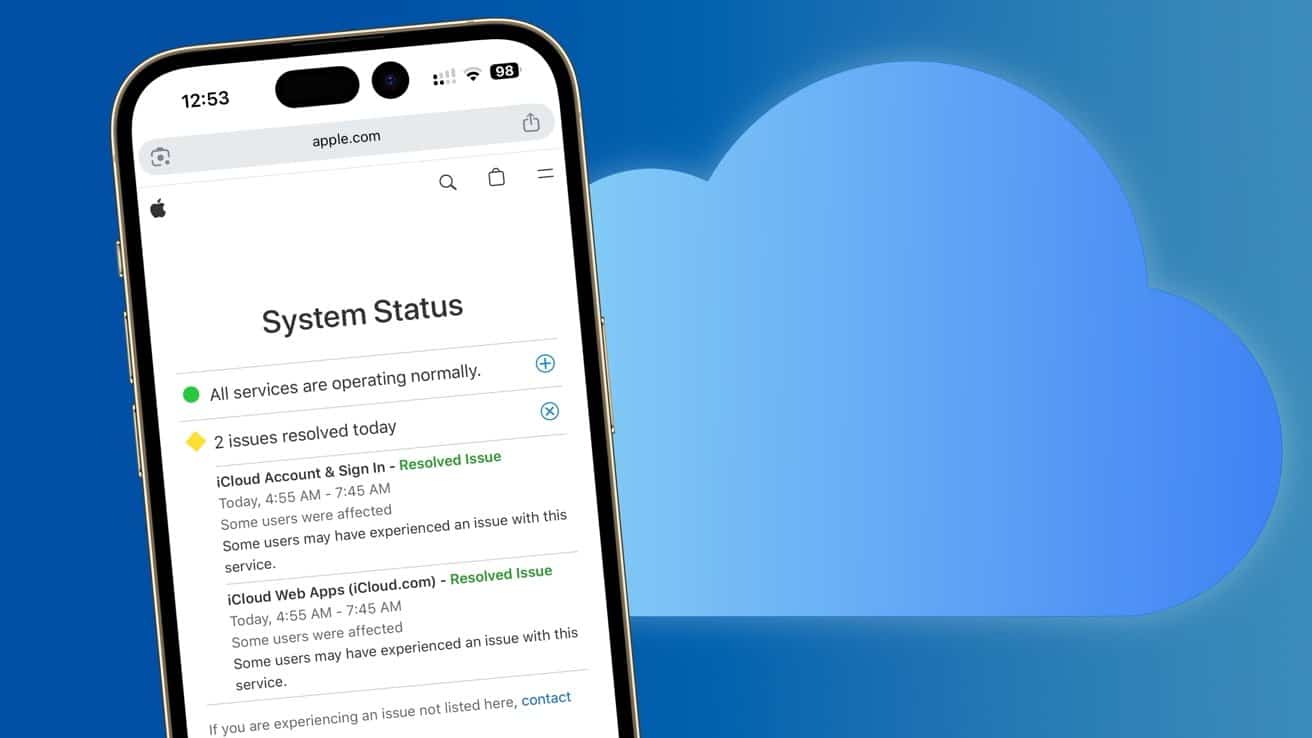 Smartphone displaying Apple system status with resolved issues, accompanied by a blue cloud background.