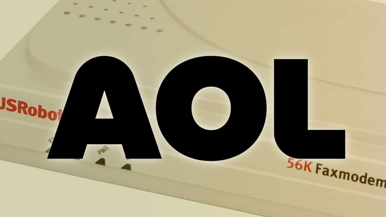 Retro 56K fax modem with brand 'USR' partially visible; large, bold letters 'AOL' overlaying the device.