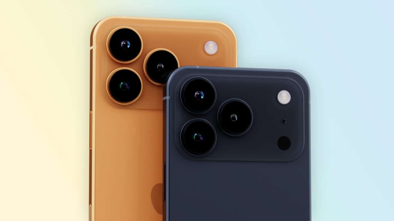 Two smartphones with multiple rear cameras; one orange and one dark gray. The background is a soft gradient of yellow and blue.