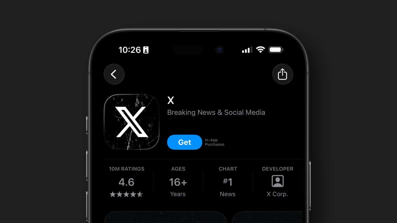 Smartphone screen showcasing a social media app with a black X icon, rated 4.6 stars, for ages 16+, ranked #1 in news, developed by X Corp.