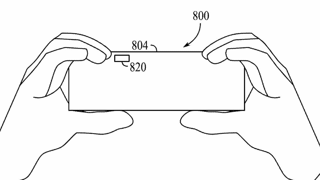 Hands hold a rectangular device, possibly a phone, with labeled elements and arrows pointing to specific parts.
