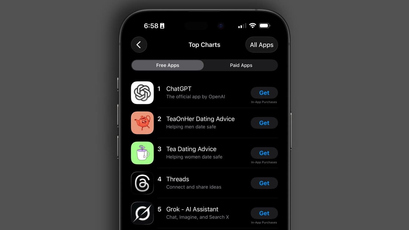 Smartphone displaying an app store's top chart, listing free apps including ChatGPT, dating advice apps, and AI assistant, with 'Get' buttons beside each.