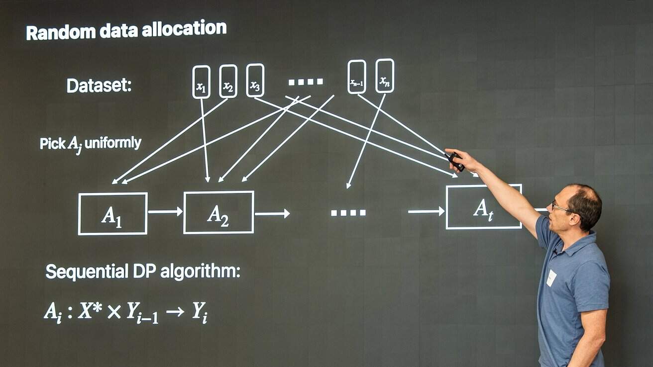 Man in blue shirt pointing at a slide titled 'Random data allocation' with diagrams and equations on a screen.
