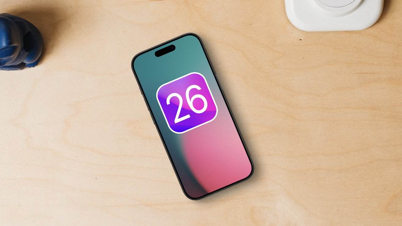 Smartphone with a colorful gradient screen displaying the number 26, resting on a wooden surface beside a small, blue figurine.