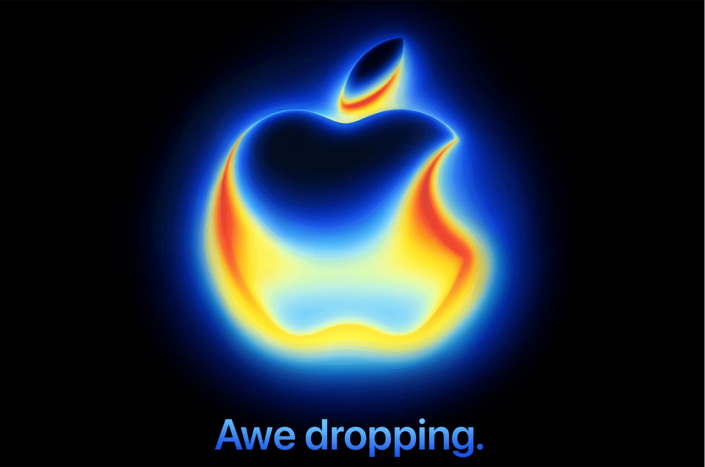 A glowing Apple logo with blue, yellow, and red hues on a black background. Below, the text reads 'Awe dropping.' in blue.
