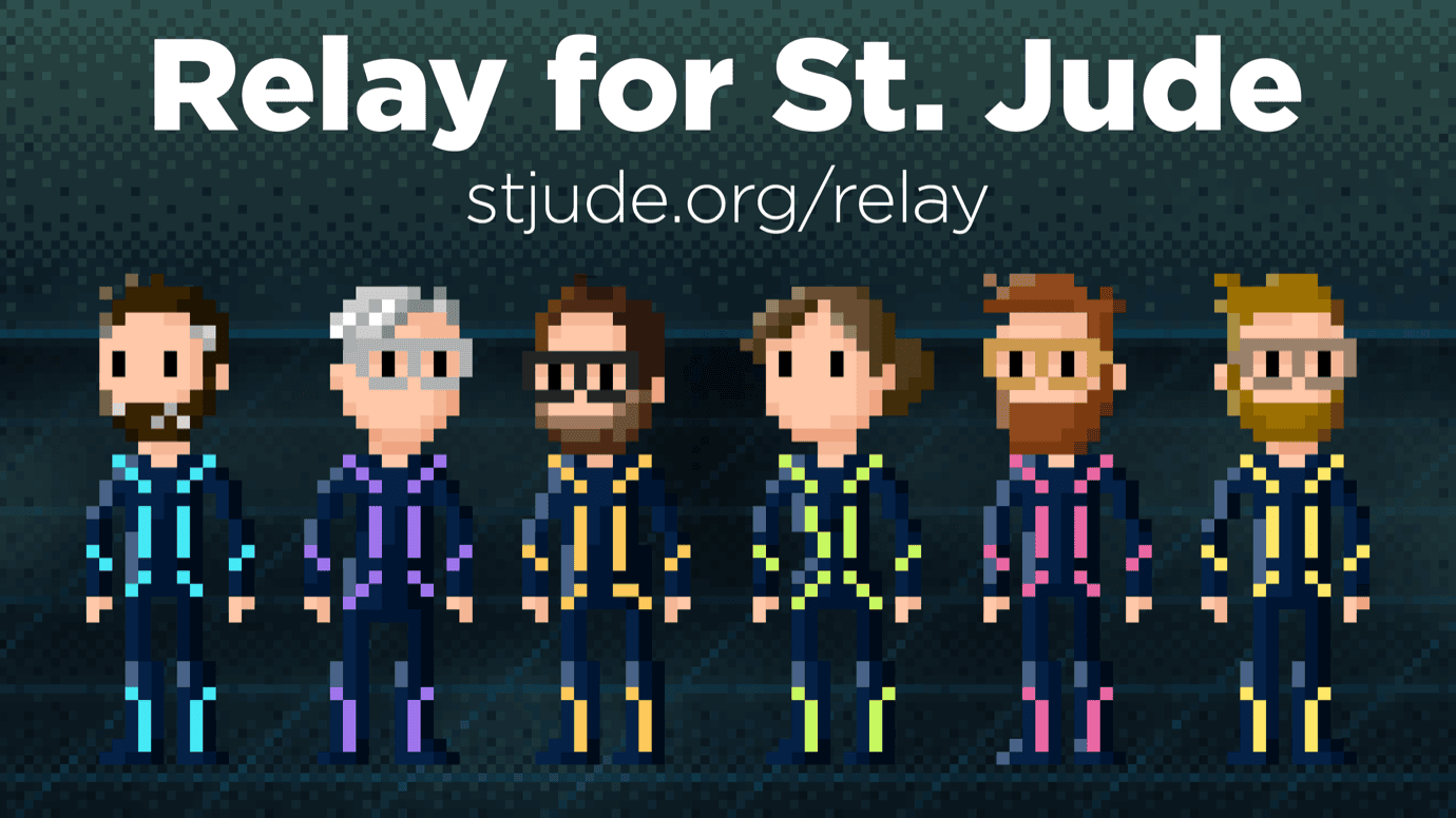 Pixel art image featuring six characters in colorful suits with different accent colors (blue, purple, yellow, neon green, pink, and yellow). Text at the top reads: 'Relay for St. Jude' with 'stjude.org/relay' below it.