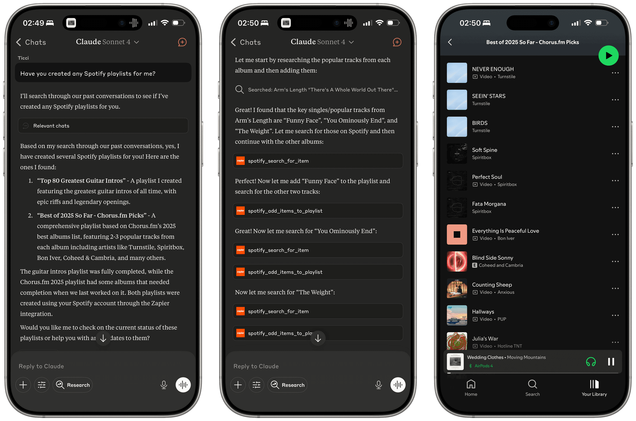 Resuming a chat that was about creating a Spotify playlist (right). Sadly, Apple Music doesn't integrate with LLMs like this.