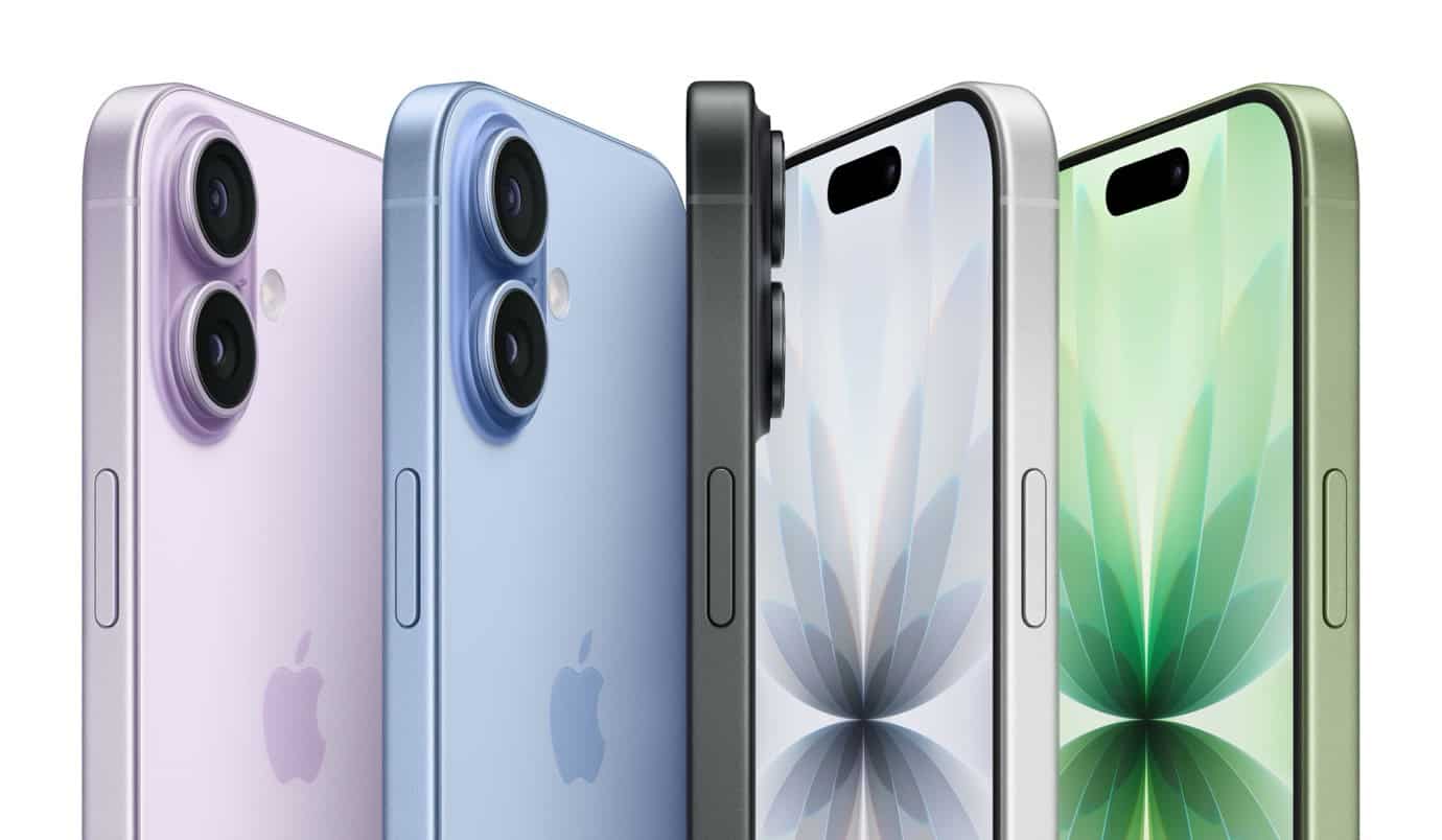 Four smartphones in pastel colors with dual rear cameras and Dynamic Island displays. Apple logo on the back.
