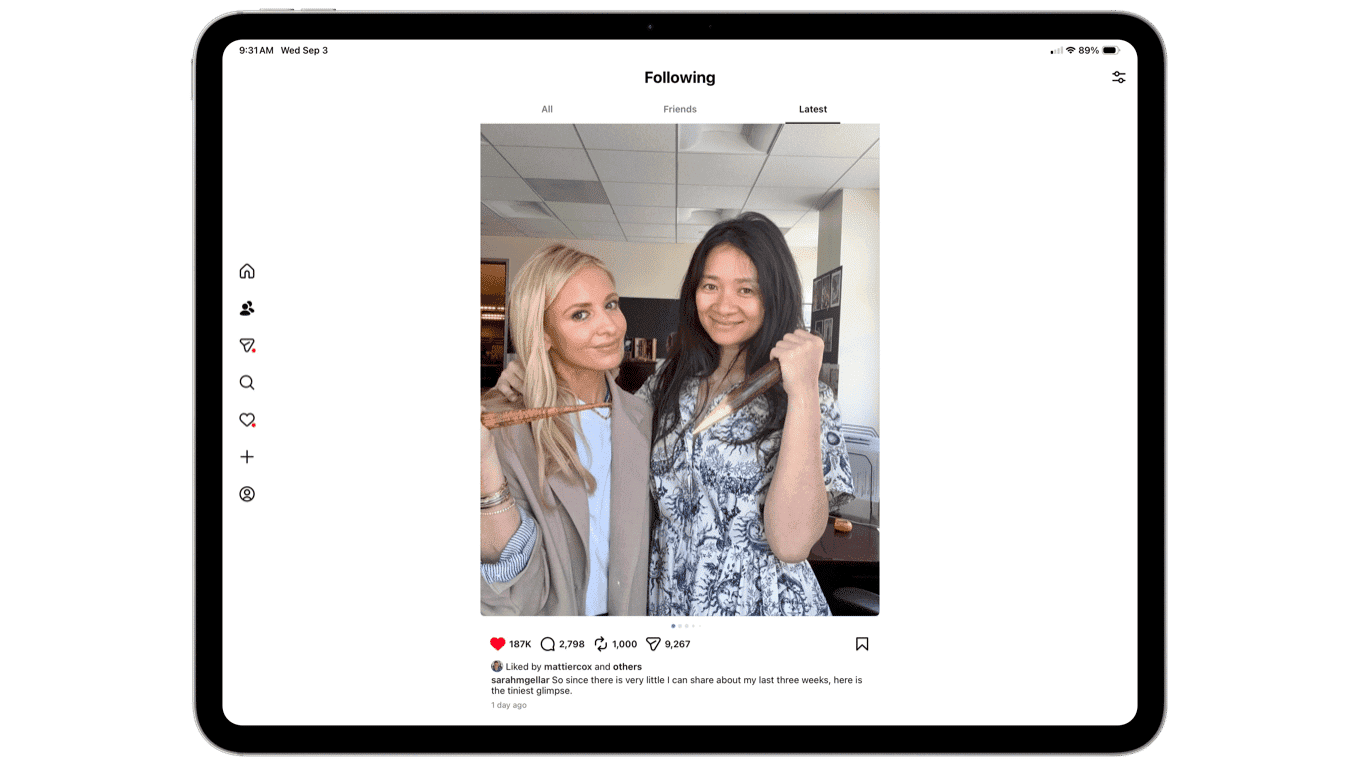 Two women posing for a social media post. The woman on the left holds a wooden stake and gestures confidently, while the woman on the right smiles and makes a fist. Buffy is back?!