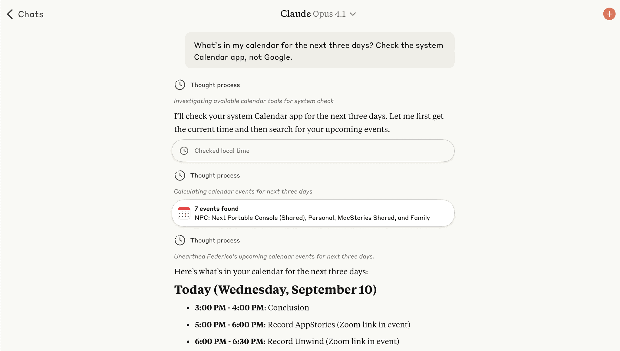 Events from the Calendar app in Claude.