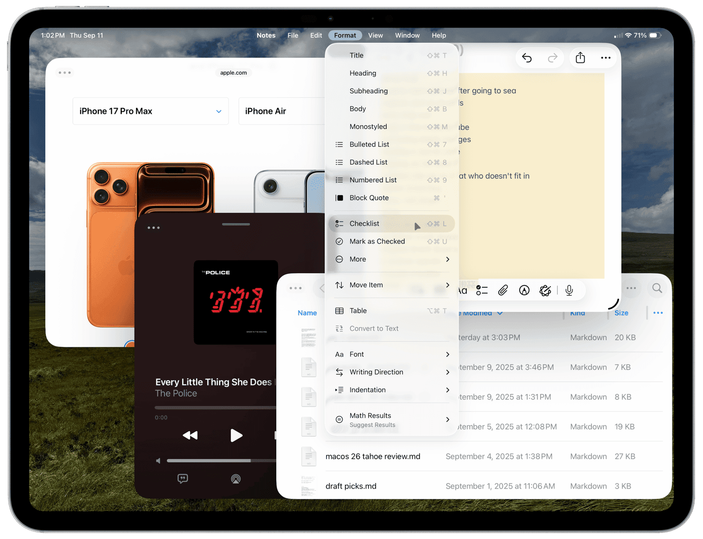 Screenshot of a tablet displaying Apple products, a note-taking app with a checklist, a music player, and a file manager showing documents and file sizes.