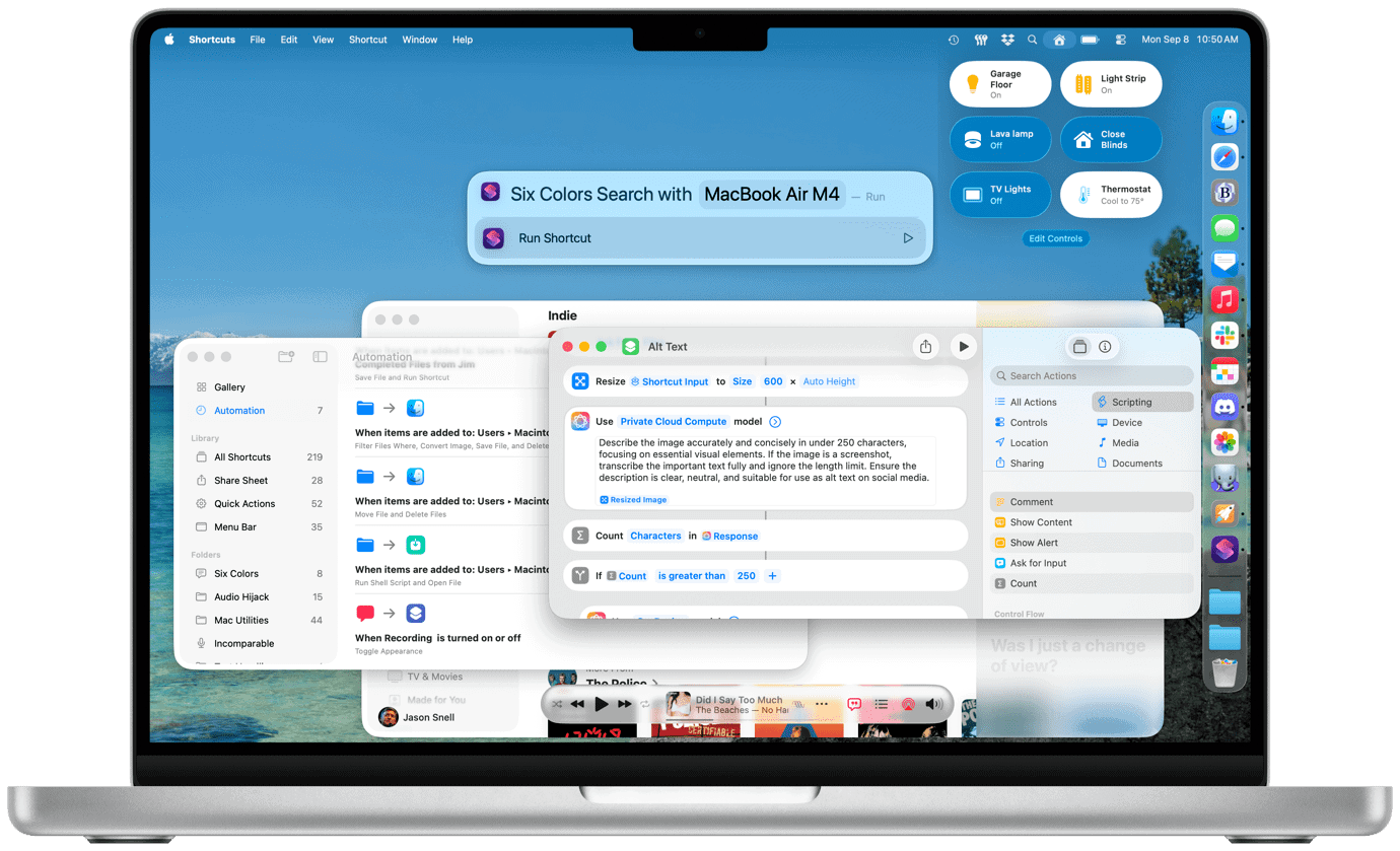 The macOS Tahoe interface displays multiple open windows and widgets.
