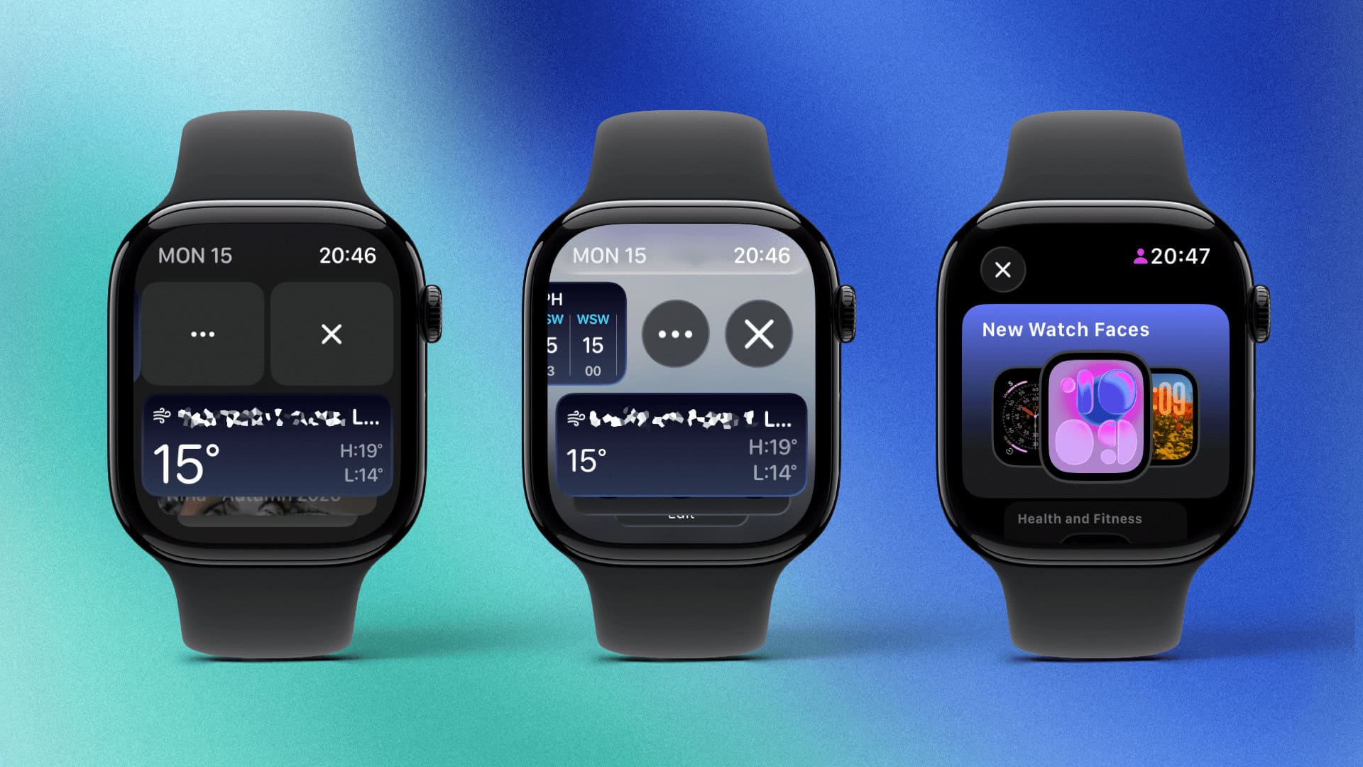 A small change in buttons (left and center) and a new look for the watch face gallery (right).