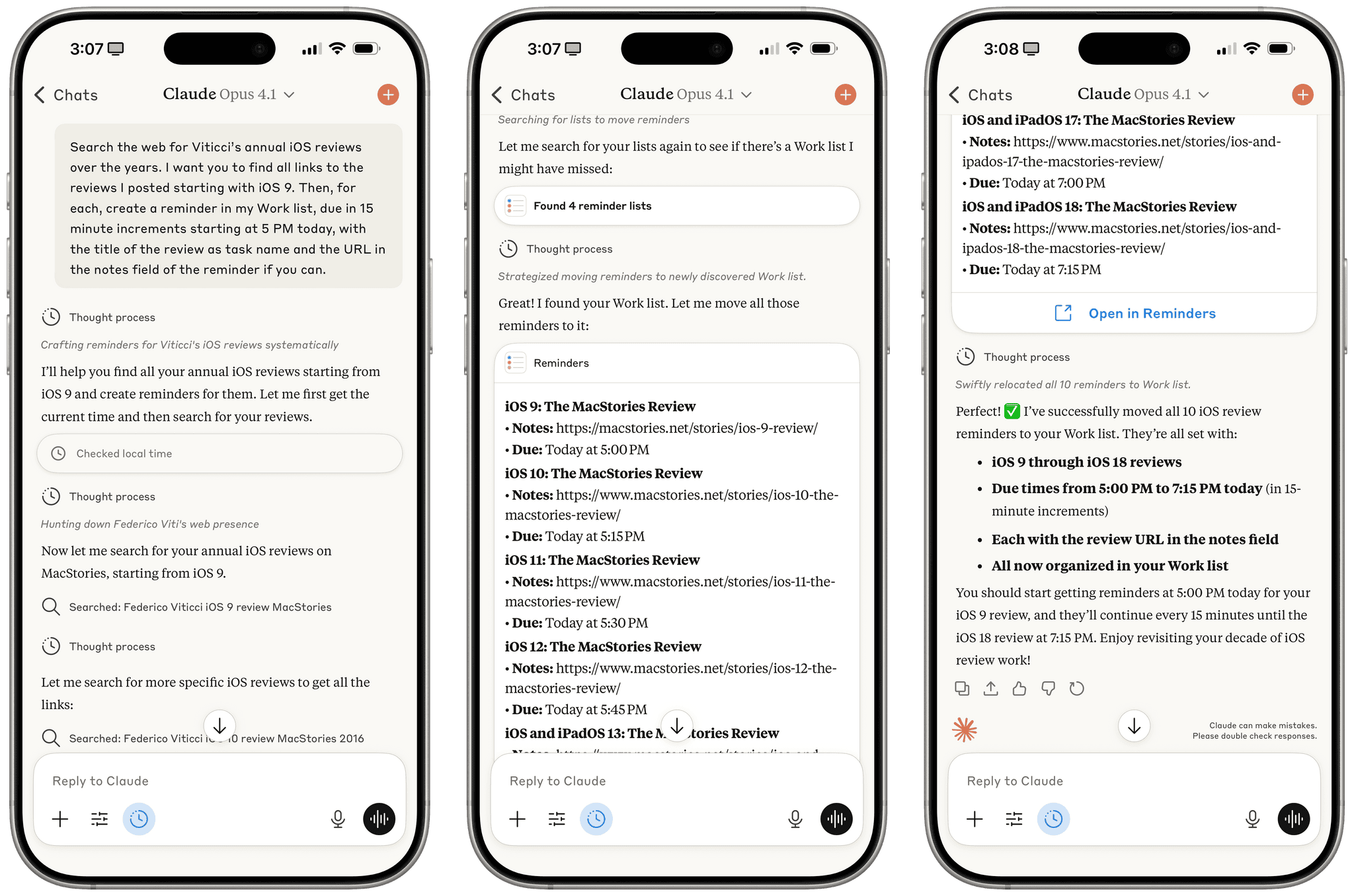 Reminders created by Claude for iOS after a series of web searches.