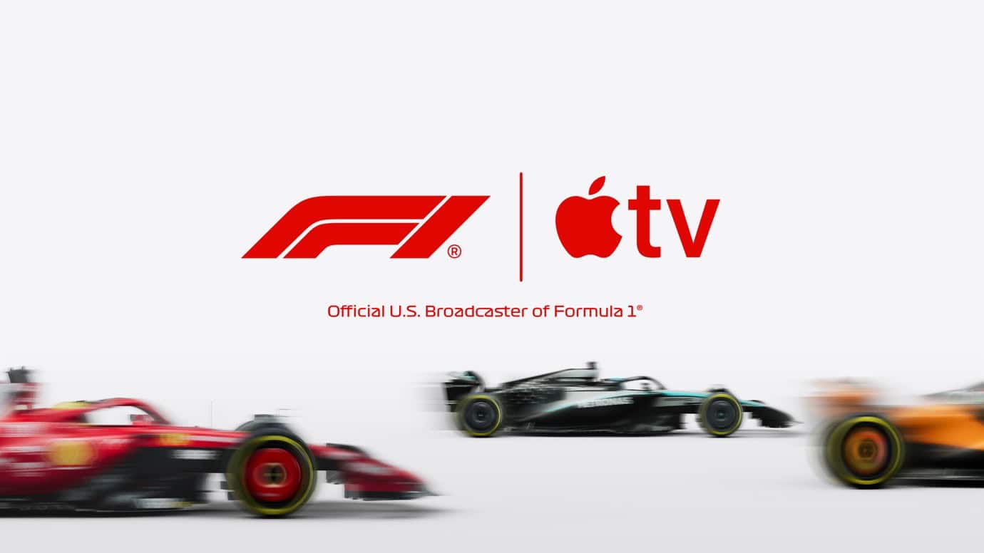 Image of three Formula 1 race cars in motion with the F1 and Apple TV logos above them.
