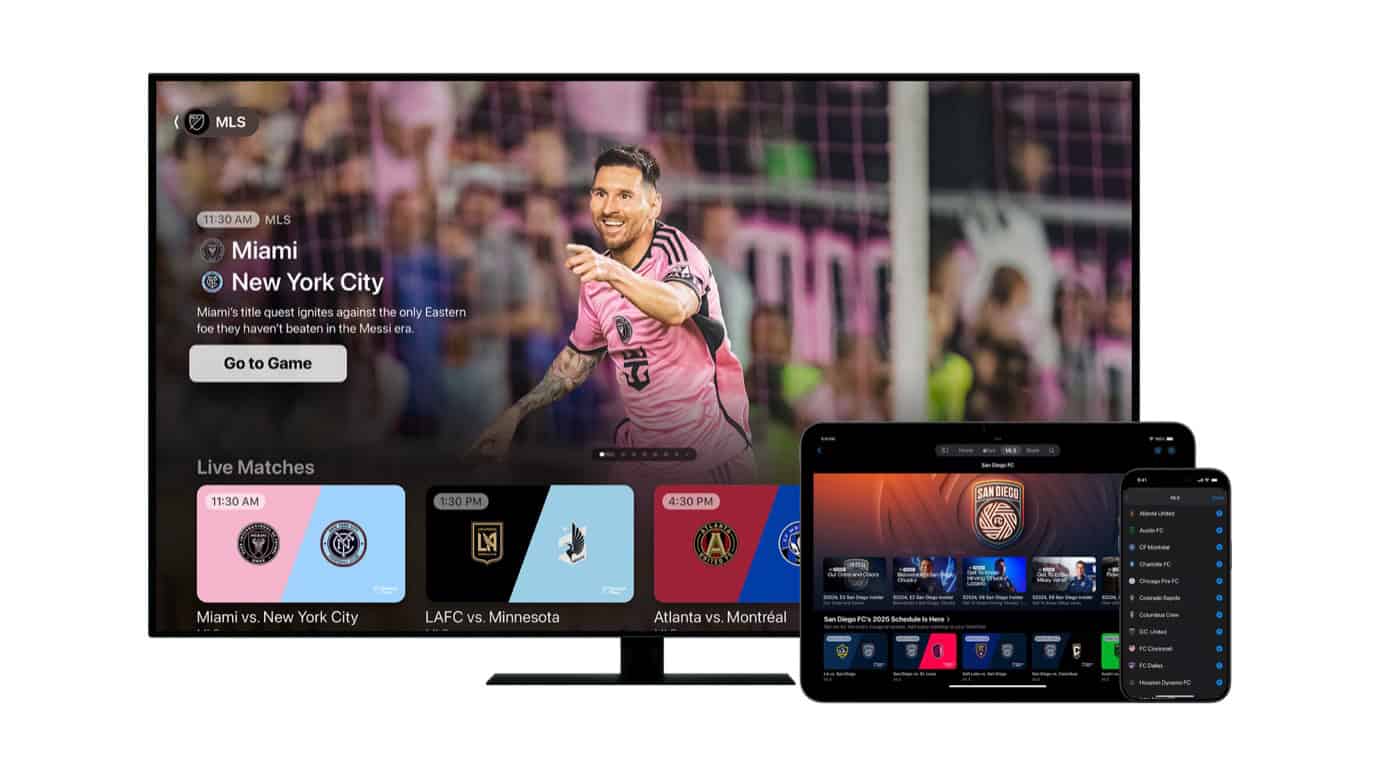 A TV screen displays a soccer match between Miami and New York City with a player in a pink jersey. Below, live match schedules are shown. A tablet and smartphone display additional sports content and settings.