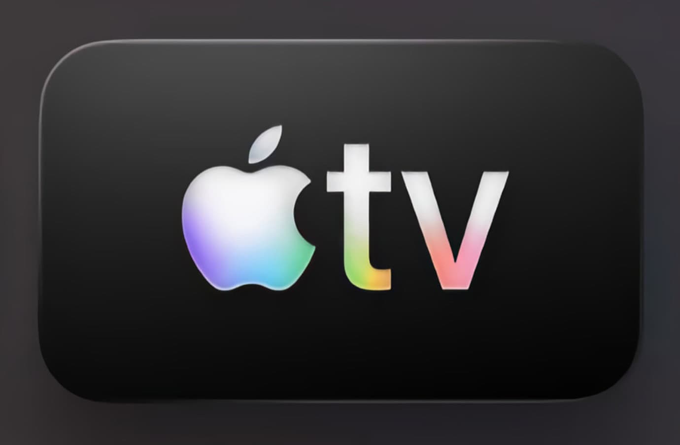 Black Apple TV box with a multicolored Apple logo and 'tv' text.