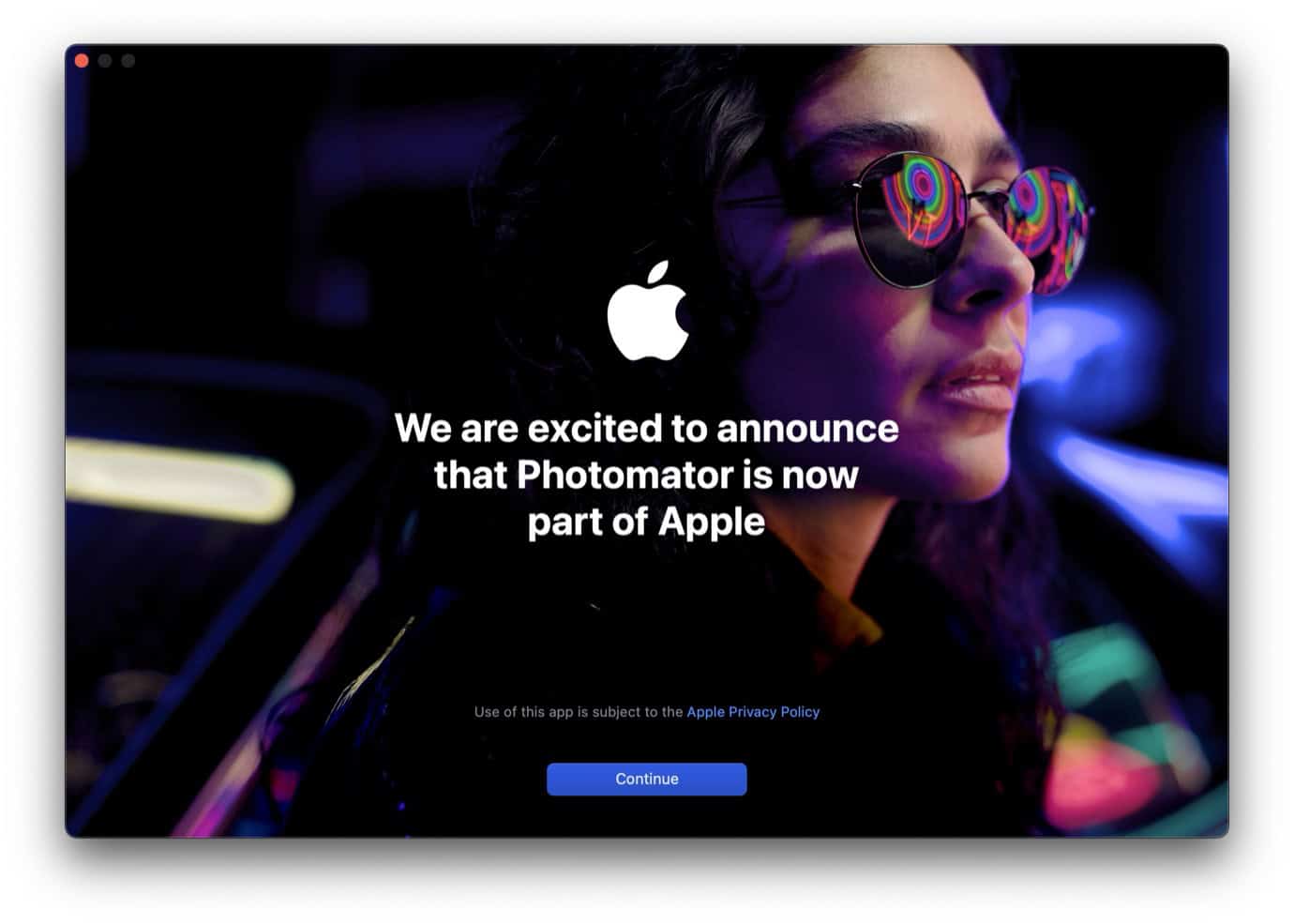 A screenshot of the Photomator for Mac splash screen communicating the acquisition to users.
