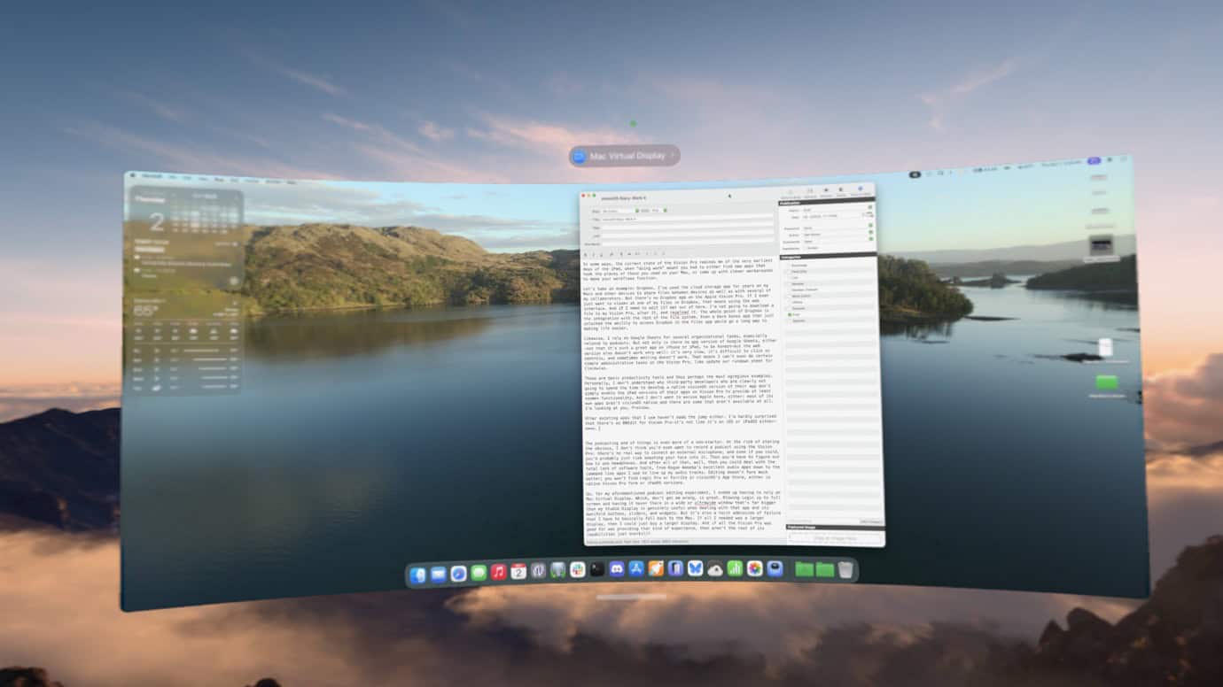 Screenshot of a macOS desktop with a virtual display showing a calendar, weather, and email app. The background features a serene lake and mountains at sunset. The dock at the bottom displays various application icons.