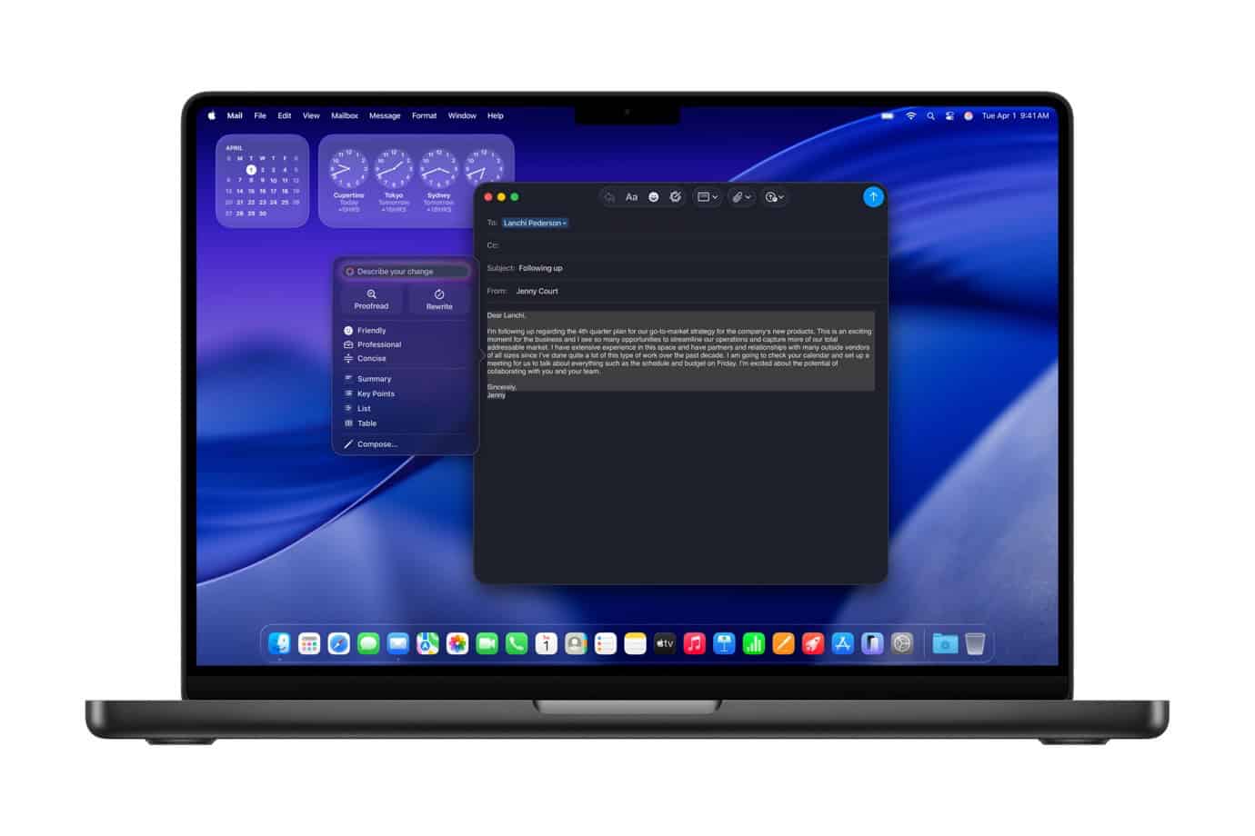 MacBook Pro screen displaying email composition with calendar and widgets.