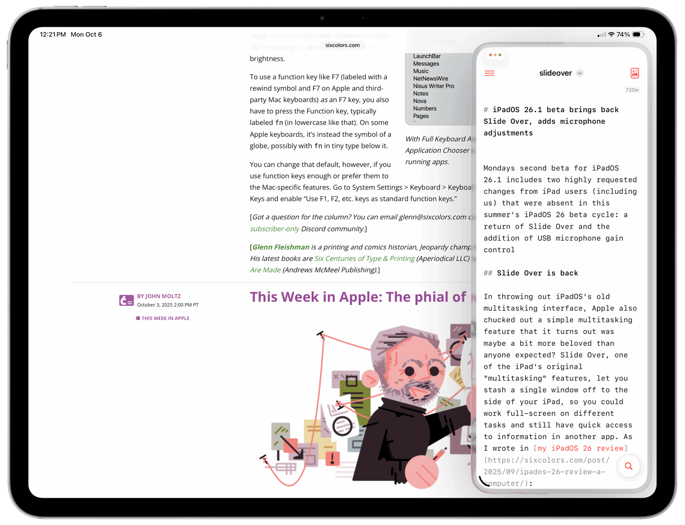 A tablet and phone display articles and notes. The tablet shows 'This Week in Apple: The phial of' with an illustration of a scientist. The phone lists 'slideover' features and iOS 26.1 beta details. Text includes 'brightness,' 'function key,' and 'microphone adjustments.'