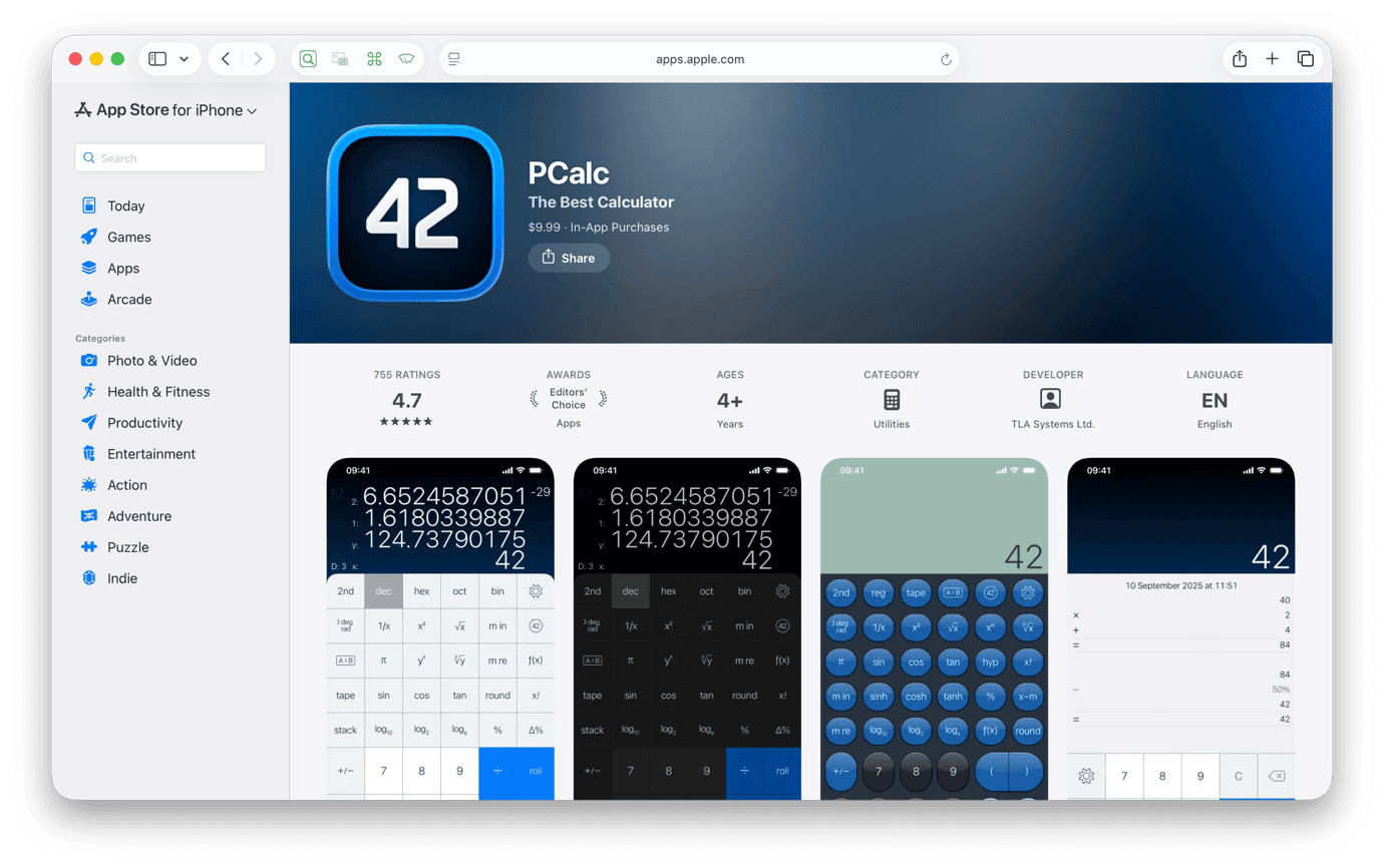 Screenshot of an app store page for a calculator app. The page includes the app icon, rating, price, screenshots, and details like category and developer.