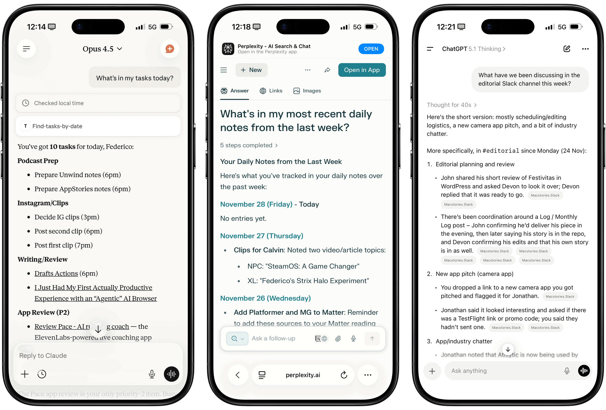 Different experiences with app connectors in Claude, Perplexity, and ChatGPT.