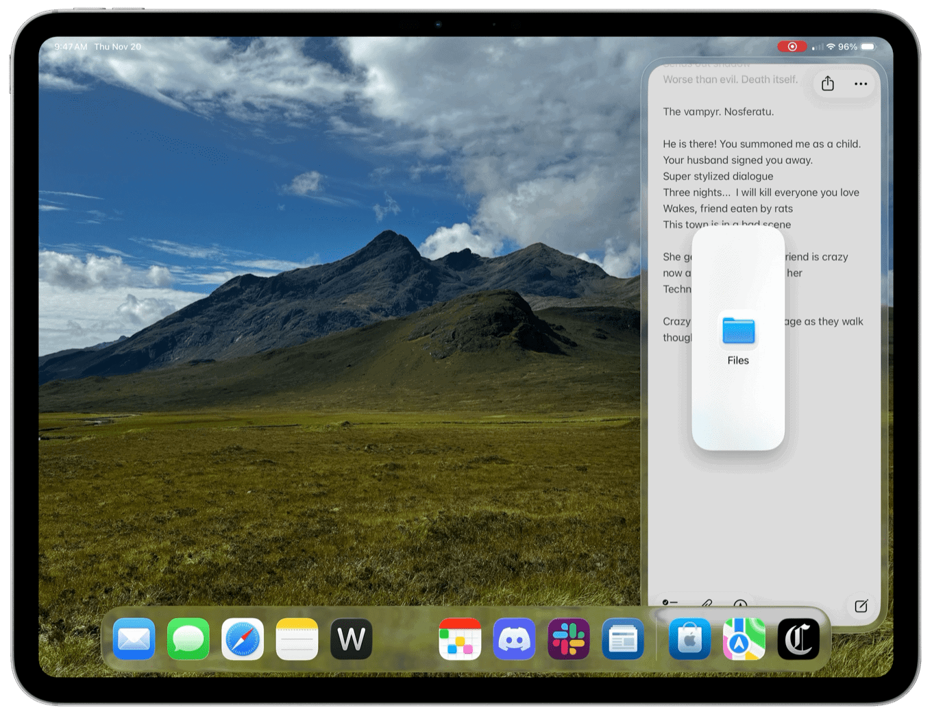 A tablet screen displays a mountain landscape wallpaper. On the right, a note app shows text with a 'Files' drag-and-drop option. The dock at the bottom features app icons like Mail, Safari, and Pages.