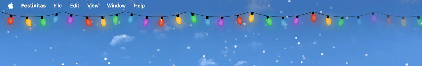 Screenshot of a computer interface with a blue background and falling snow. A string of colorful Christmas lights runs across the top.