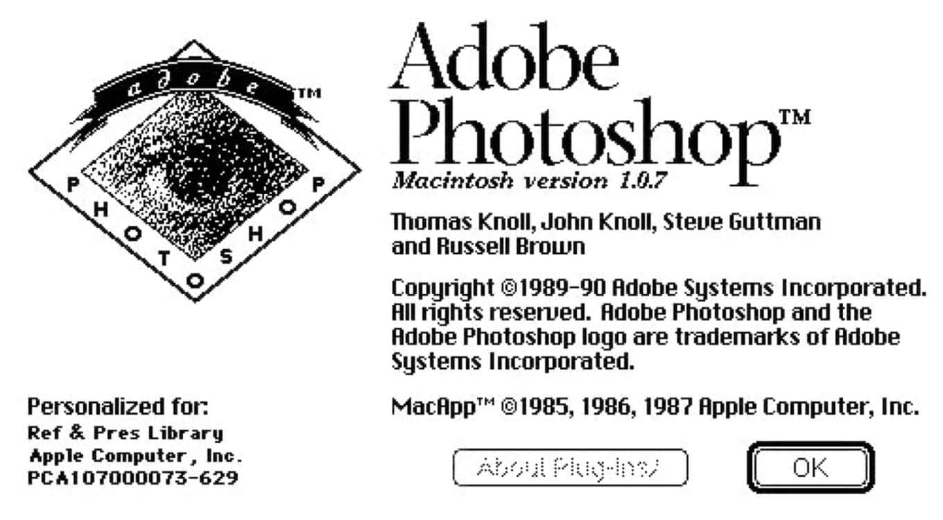 Screenshot of Adobe Photoshop 1.0.7 for Macintosh. Features Adobe logo, copyright info, and personalization for Apple Computer. Includes 'About Plug-In' and 'OK' buttons.