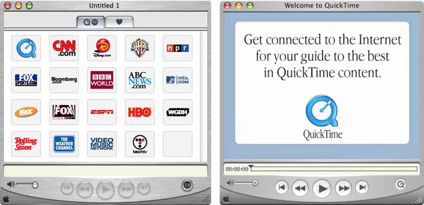 Two QuickTime windows: left shows media channel icons (CNN, BBC, HBO), right displays 'Welcome to QuickTime' with a play button and text about internet content.