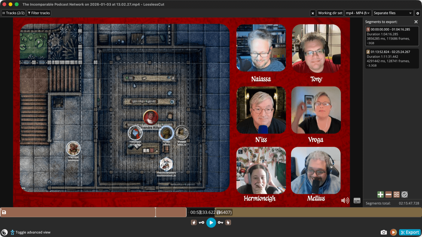 Screenshot of a podcast recording with six people in video boxes on the right and a D&D map on the left. Map shows a dungeon room with characters and items.