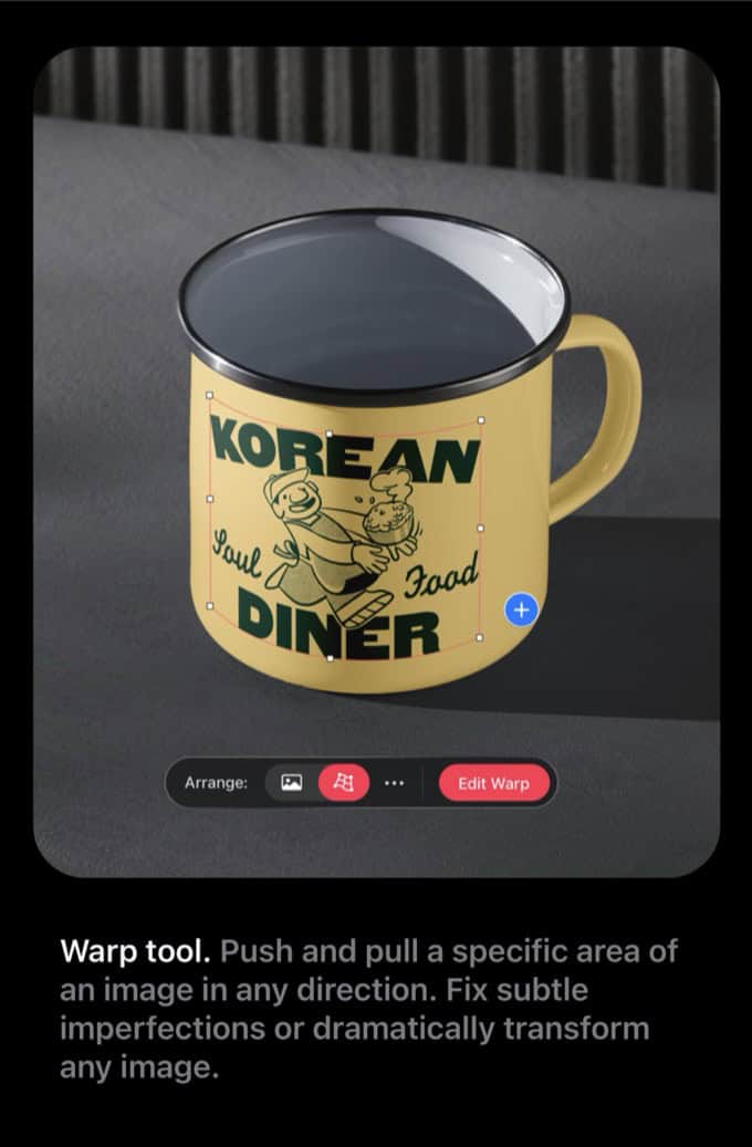 A screenshot of the Apple product page for Pixelmator Pro explaining the function of the warp tool. A curved outline is on a mug.
