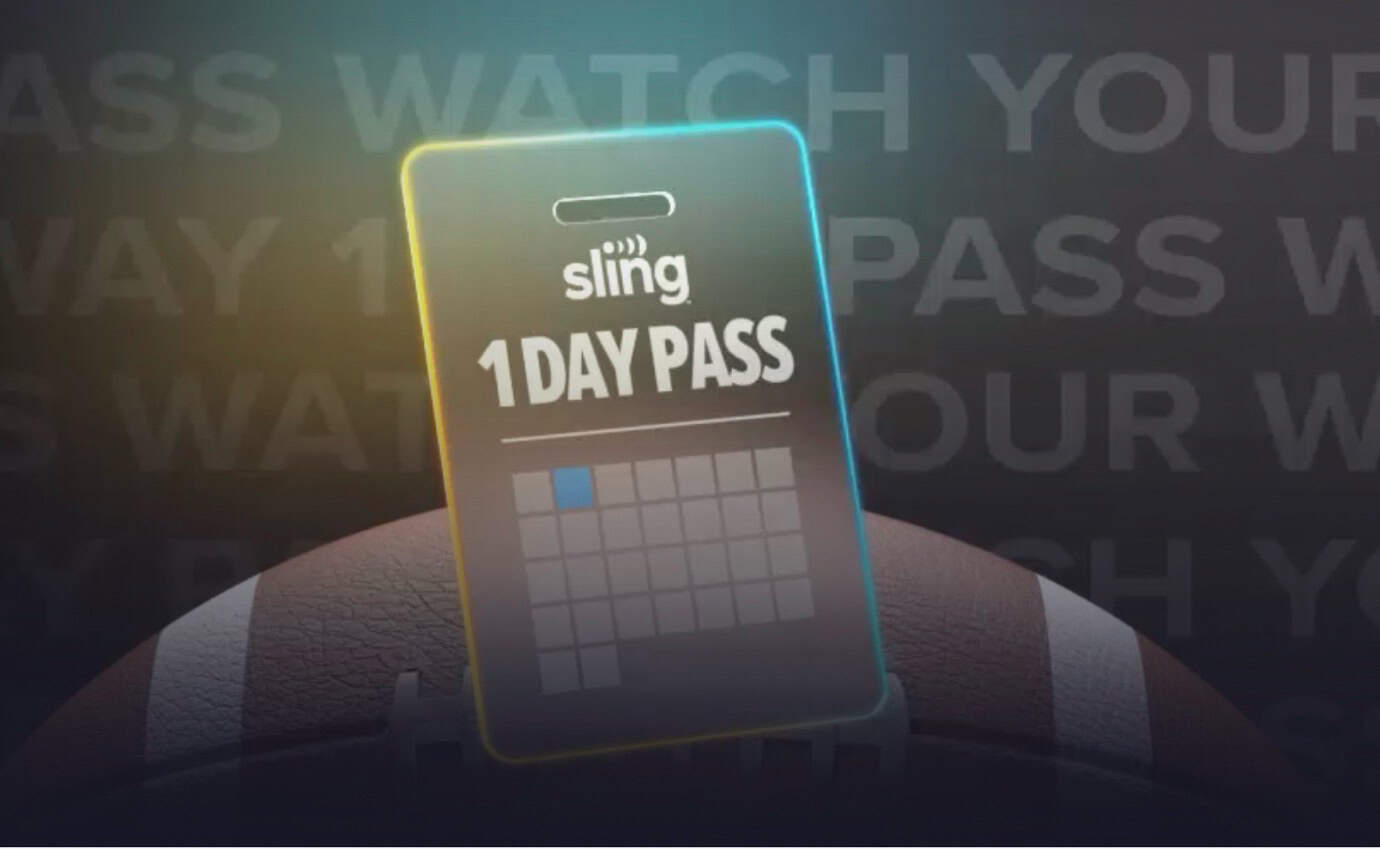 Smartphone displaying 'Sling 1 DAY PASS' on a football.