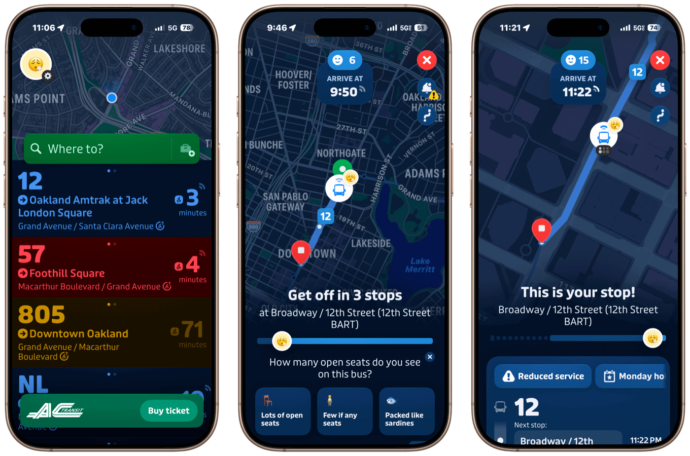 Three smartphone screenshots showing a transit app.
