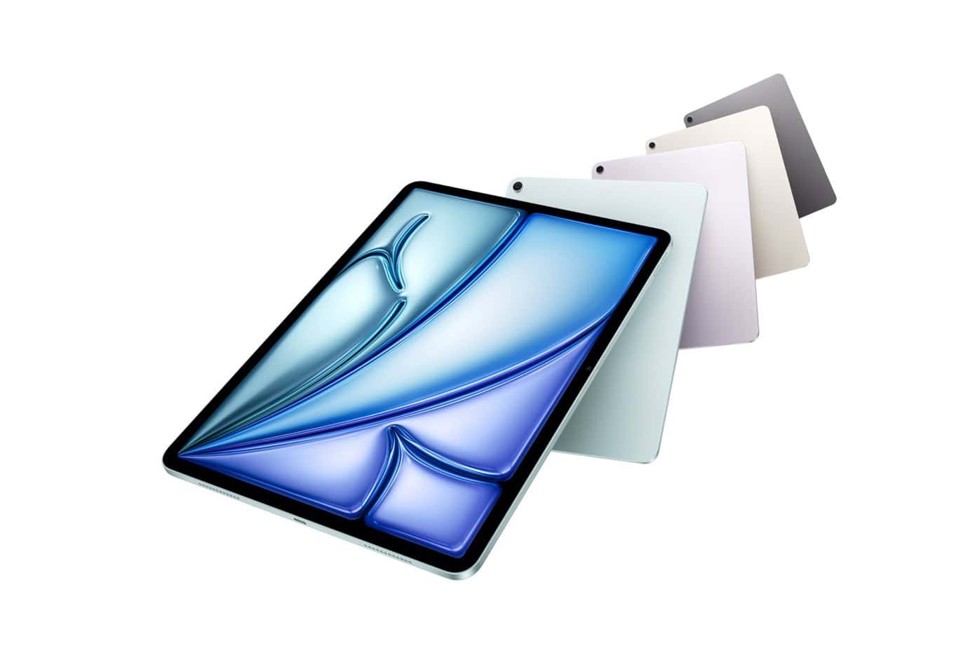 Four tablets in different colors with a blue screen.