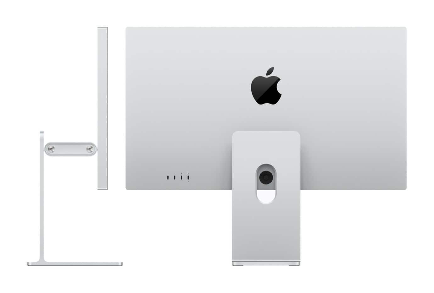 Apple Studio Display with stand, power cable, and adapter. The monitor features a slim bezel and a central camera cutout.