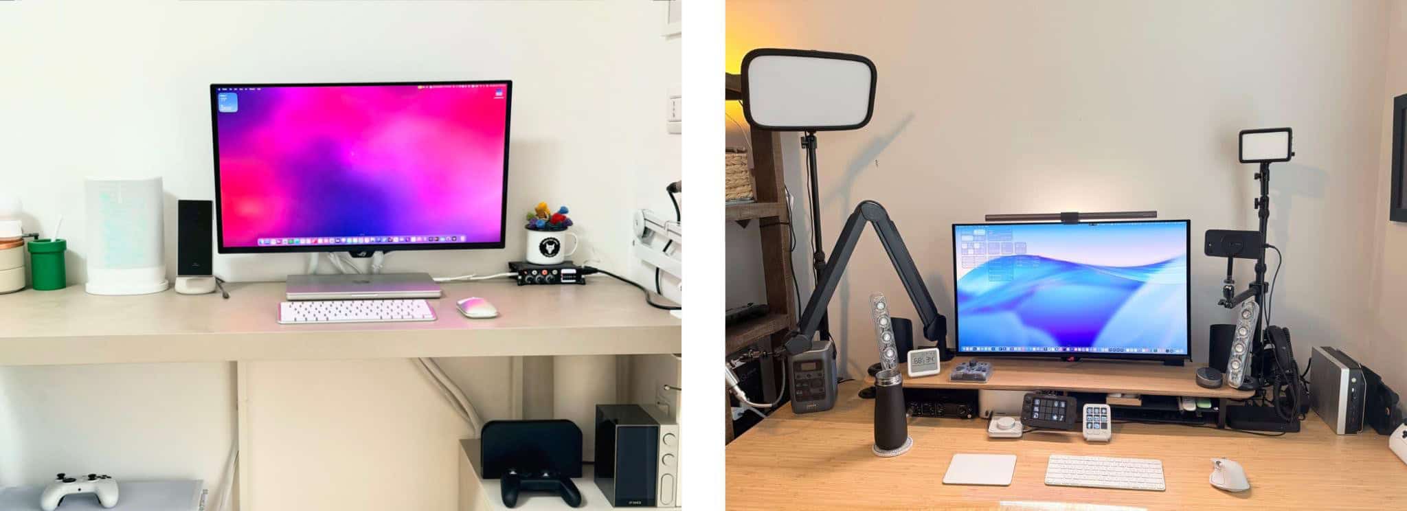 Federico's setup (left) is as sleek as mine is chaotic (right).