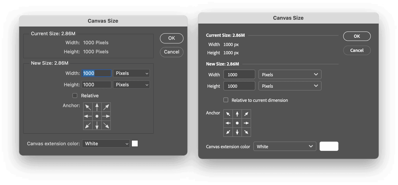 Two dialog boxes titled 'Canvas Size' show current size (2.86M) and new size (1000x1000 pixels). Options include 'Relative' and 'Anchor' grid. Canvas extension color is white. 'OK' and 'Cancel' buttons are present.